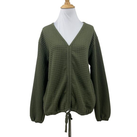 Max Studio Sweater Womens M Green Waffle Knit V Neck Drawstring Cinched Waist - Picture 1 of 14